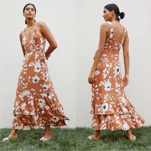 Anthropologie Brown Ruffled Floral Faux Wrap Midi Dress